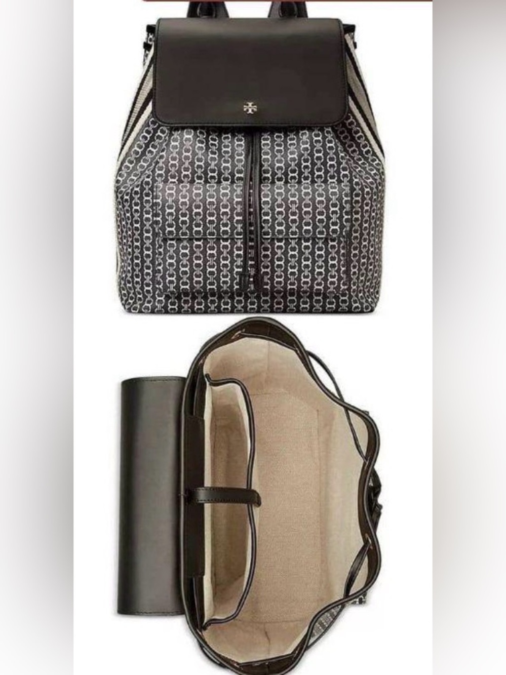 Tory Burch Gemini Link Canvas Backpack Black White Logo Print Travel Bag Purse
